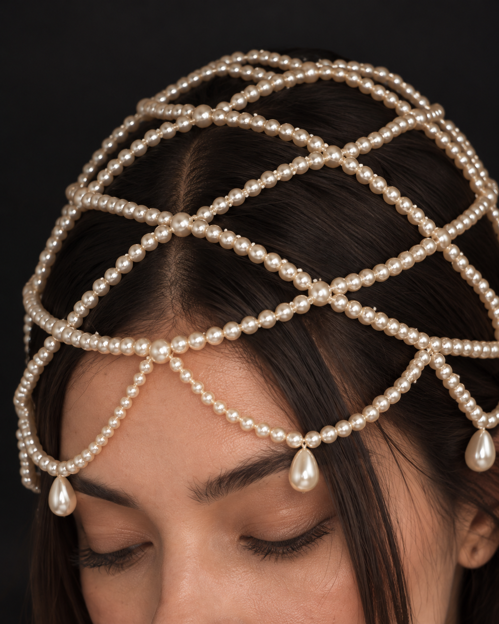 The Florence Pearl Cap — detail of the hand-strung pearls and teardrop drops