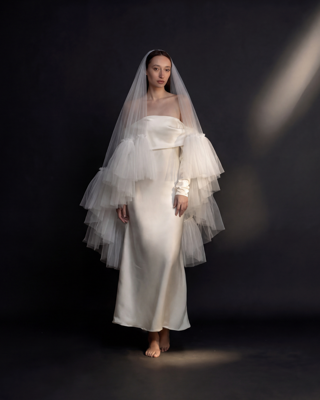 The Aria veil — worn by a bride, front view