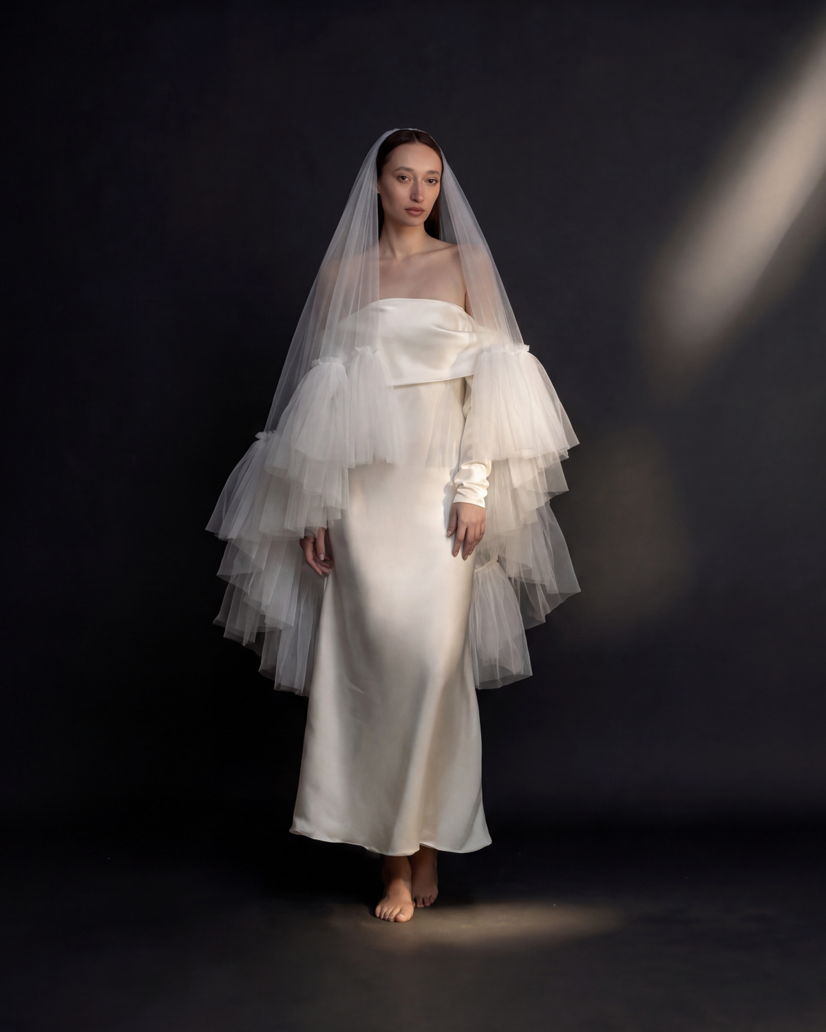 The Aria veil — worn by a bride, front view