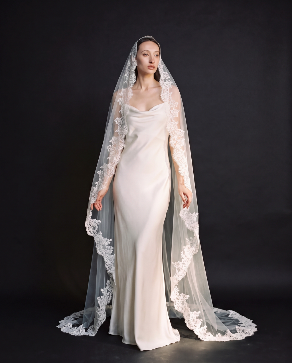 The Valentina veil — full-length front view with a satin dress