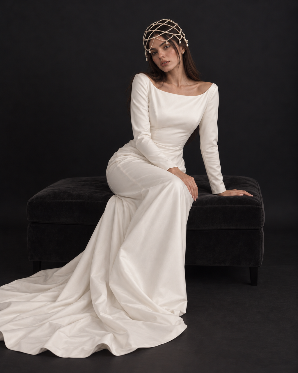 The Florence Pearl Cap — bride seated, three-quarter view