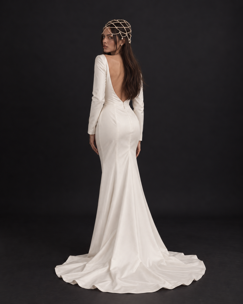 The Florence Pearl Cap — back view with an open-back gown