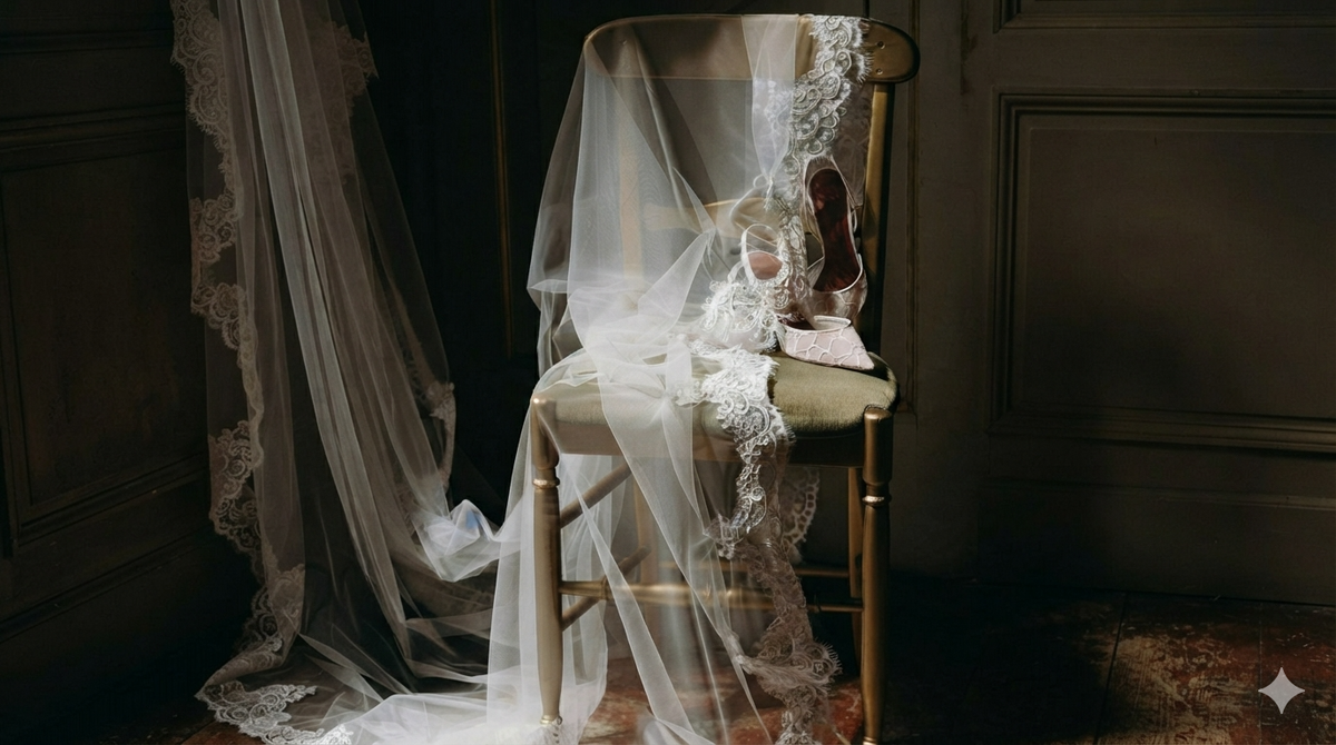 Lace veil draped over a chair in a candlelit room