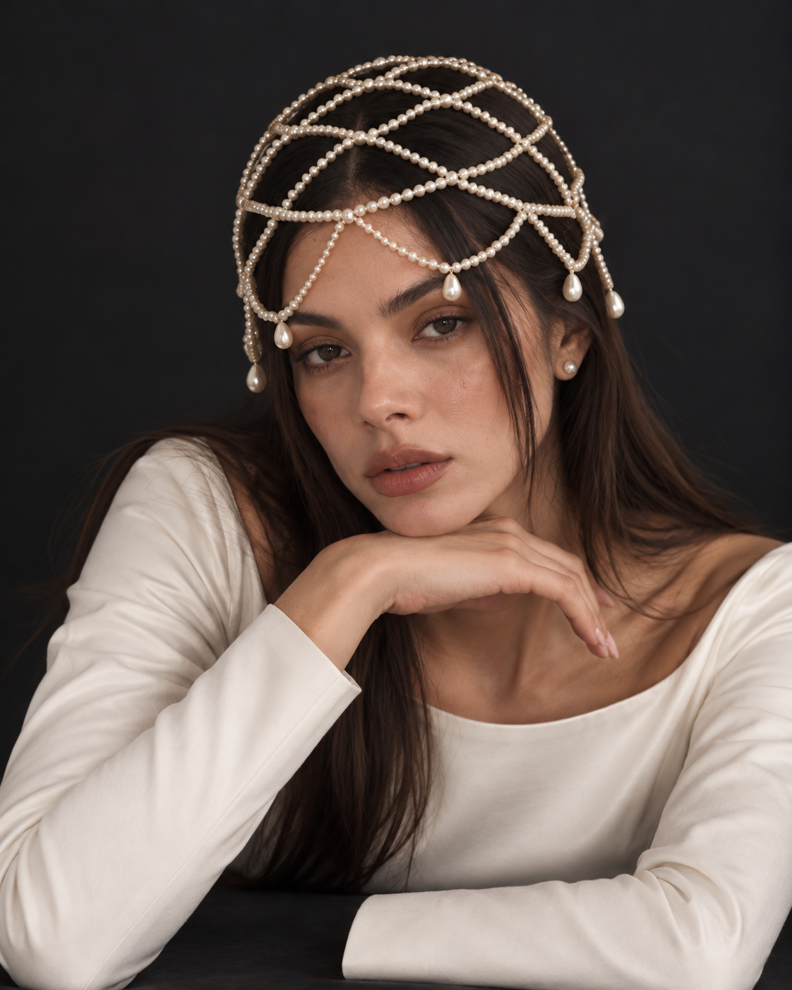The Florence Pearl Cap — close-up of the pearl net cap with teardrop pearls