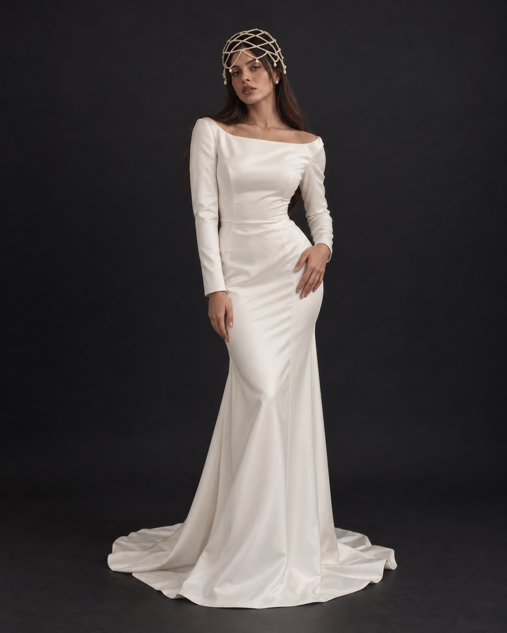 The Florence Pearl Cap — full-length front view with a long-sleeve satin gown