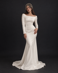 The Florence Pearl Cap — full-length front view with a long-sleeve satin gown