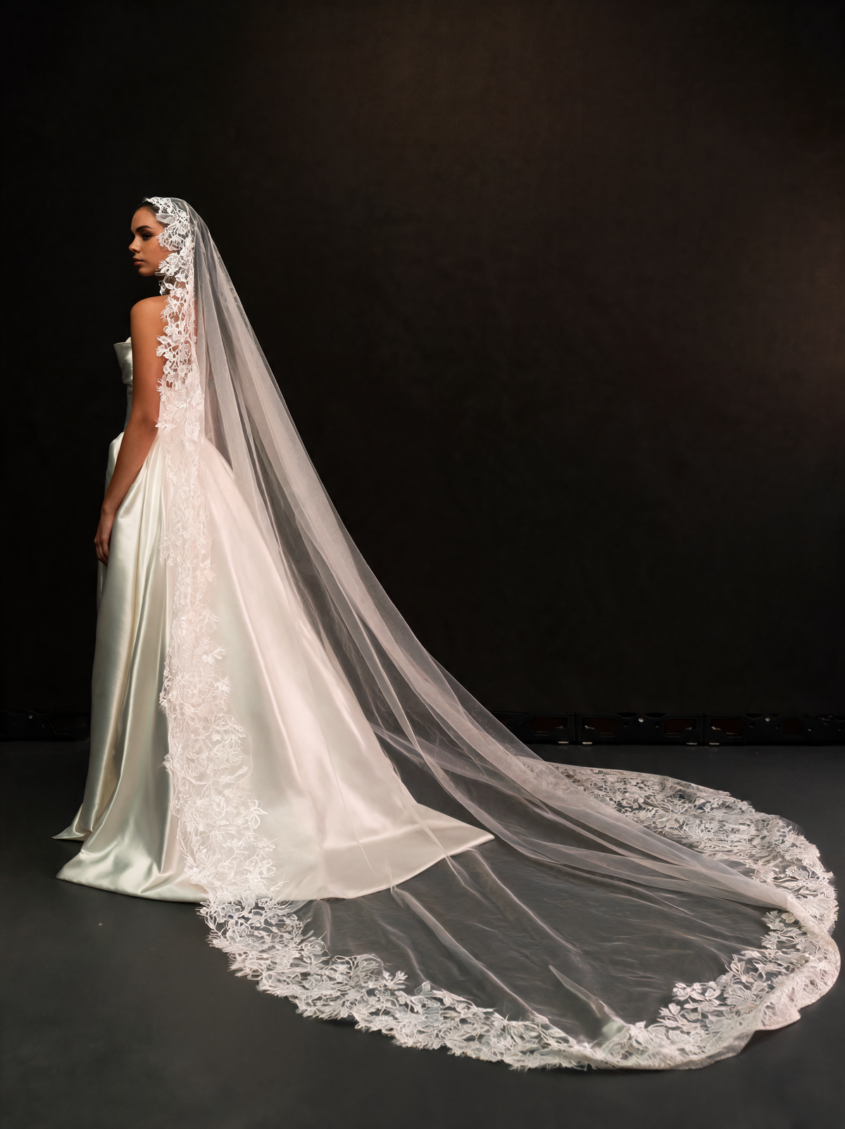 Cathedral length lace-edged veil with a long train, back view