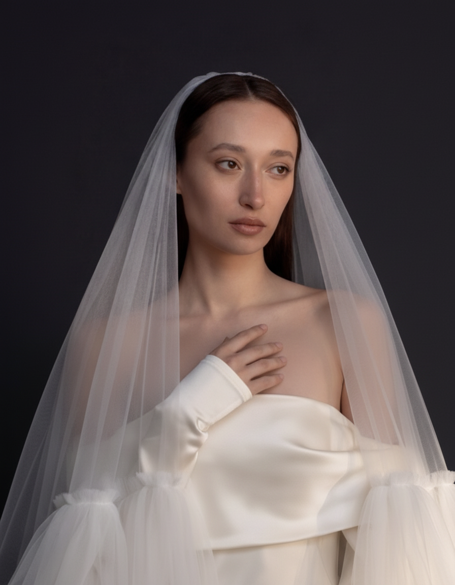 Bride in a sheer tulle veil with a puff-sleeve satin dress