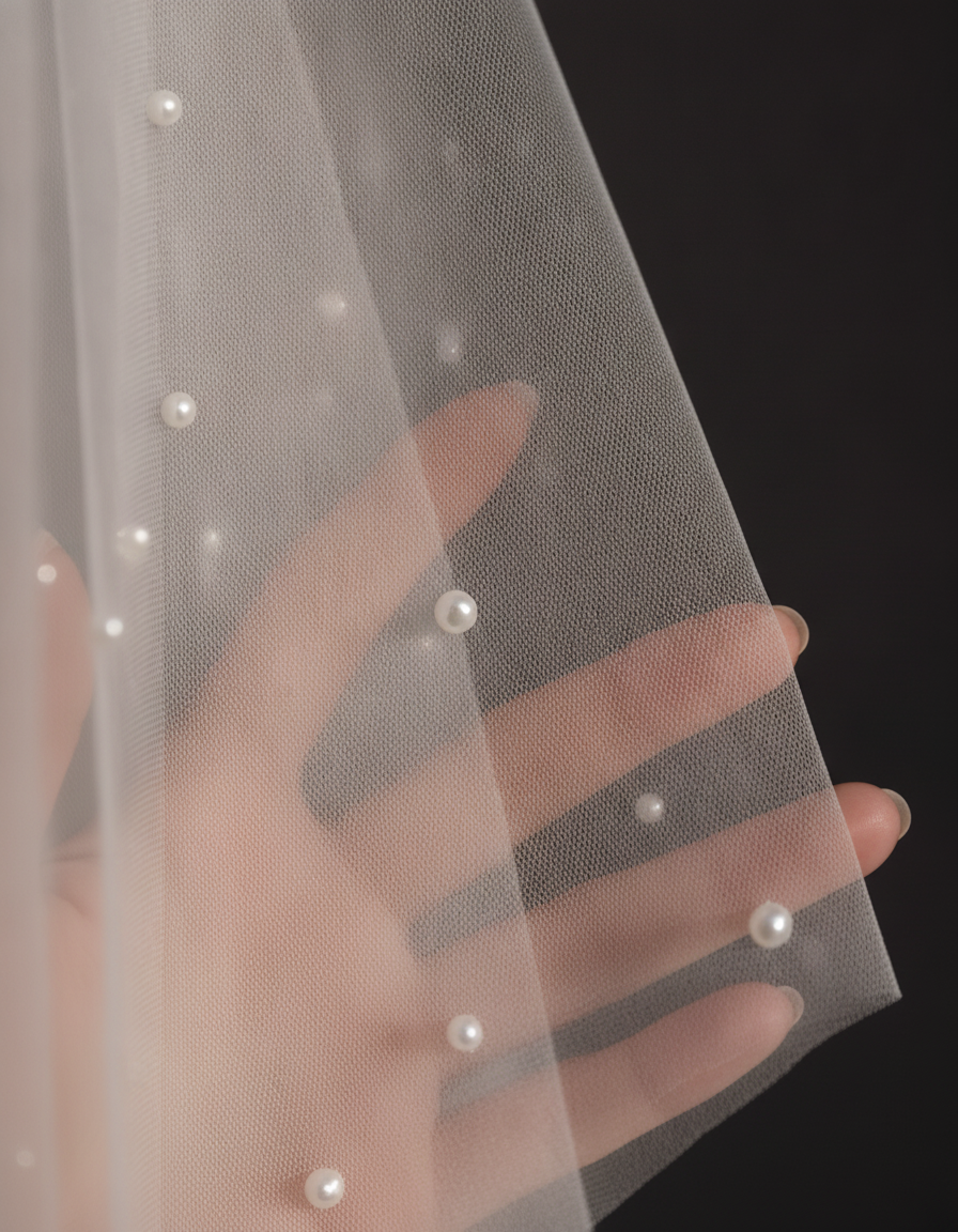 The Celeste veil — close-up of the pearl accents on the tulle