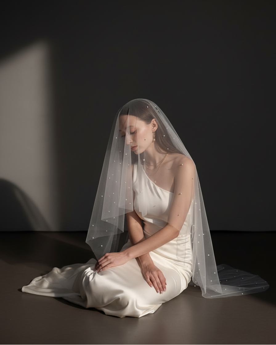 The Celeste veil — bride seated with the veil spread around her