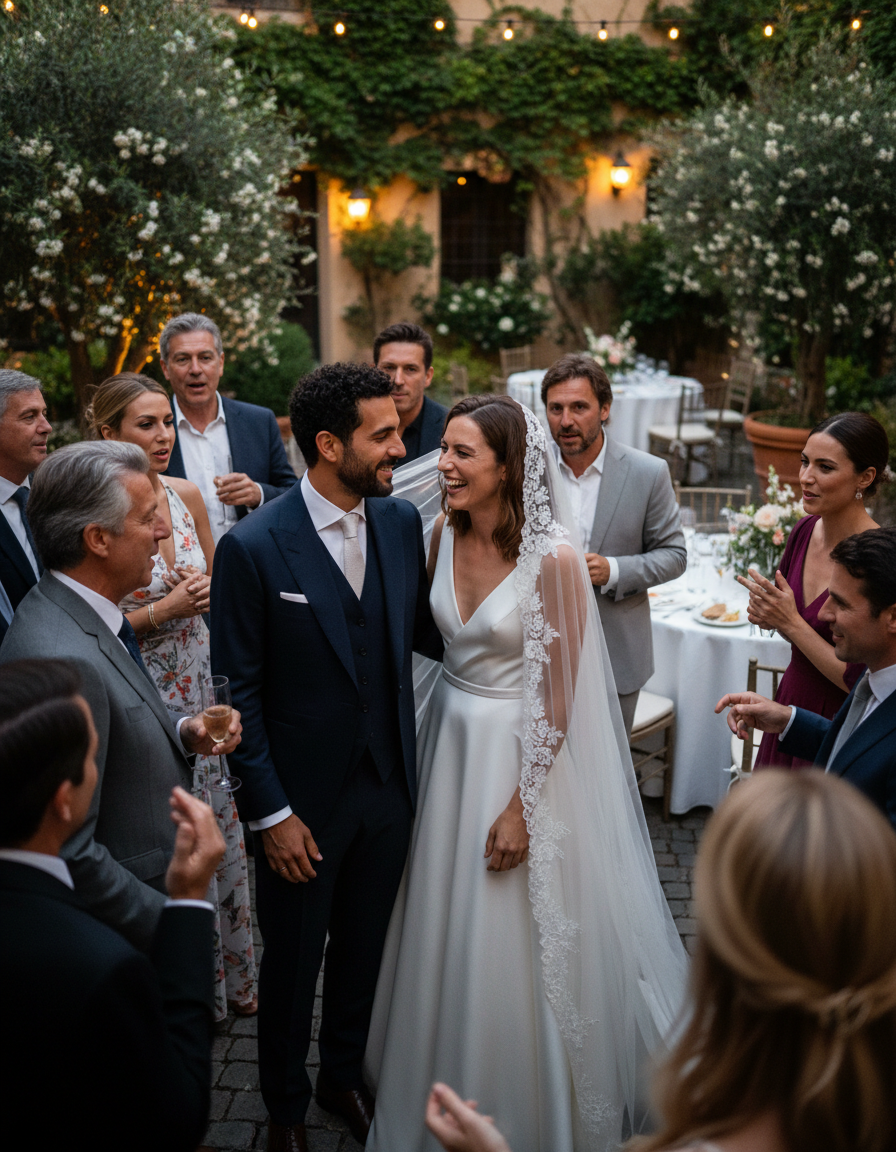 Bride in a lace veil laughing with guests at an evening garden reception