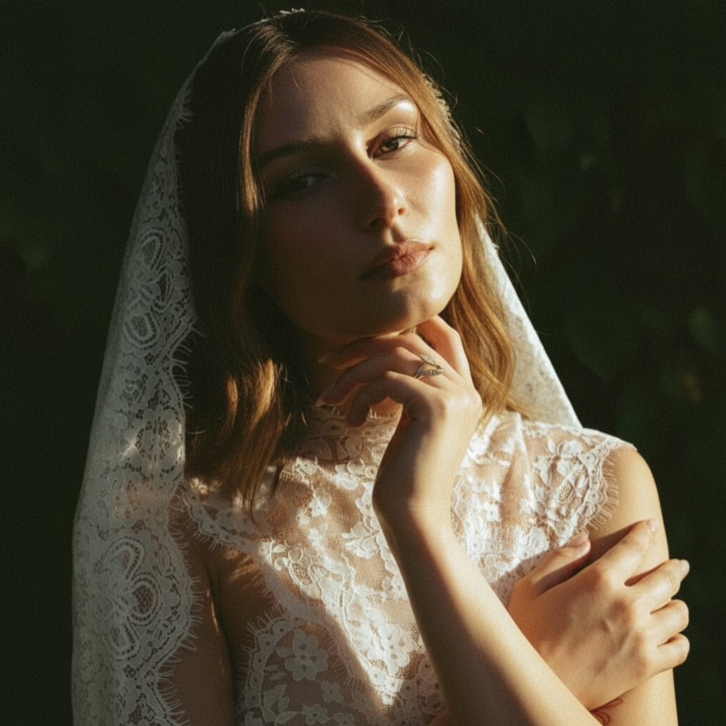 Close-up portrait of a bride in a lace mantilla veil