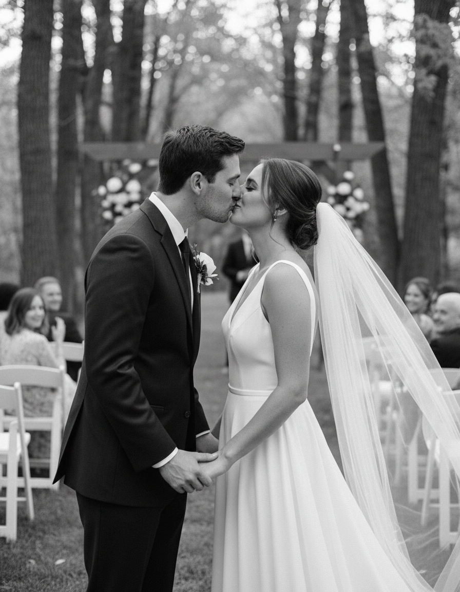 Black-and-white photo of a bride in a long veil kissing the groom