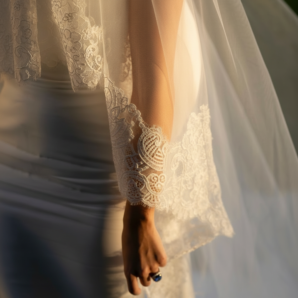 Close-up of a lace-trimmed tulle veil falling past the bride's hand