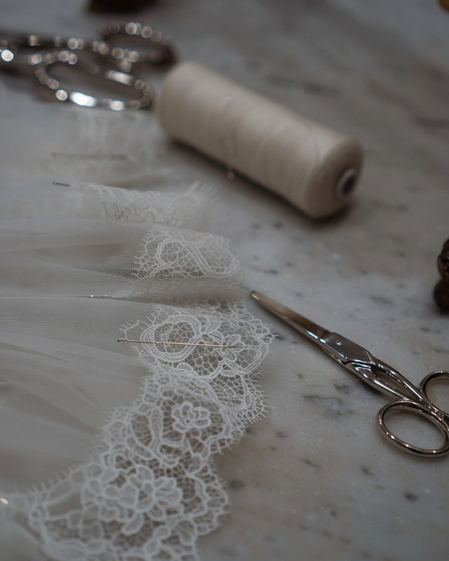 Lace veil trim, thread and scissors on a marble table while a Brydly veil is handmade