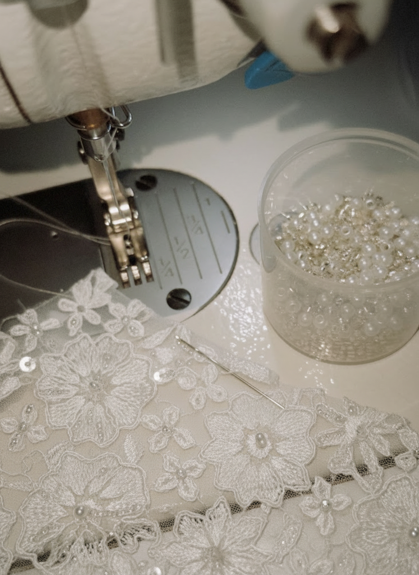 Lace appliqué and pearls next to a sewing machine
