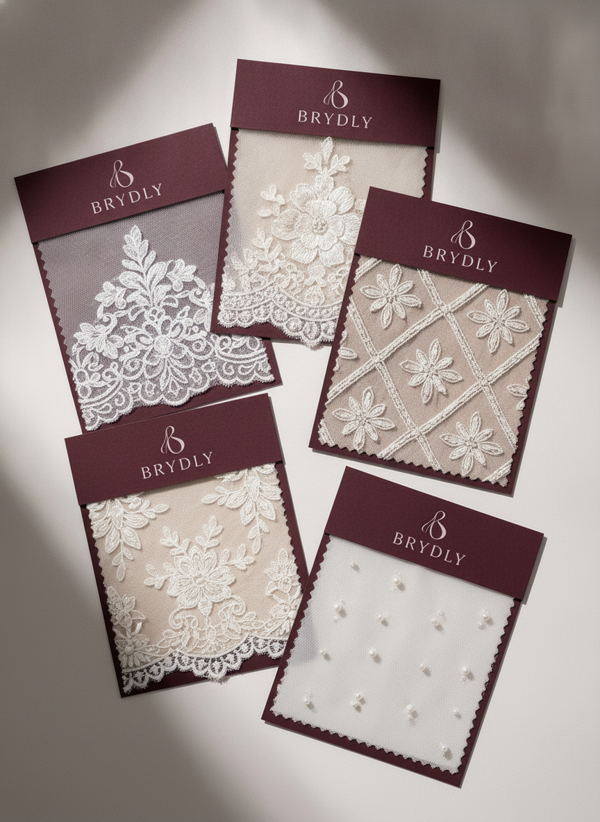 Brydly lace and pearl tulle samples in branded sleeves