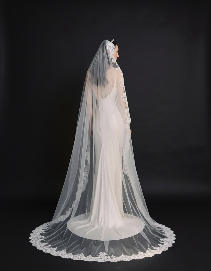 The Valentina veil — back view showing the lace-edged train