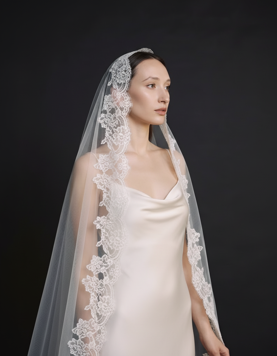 The Valentina veil — close-up of the eyelash lace edge framing the face