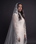 The Camila veil — side view with a long-sleeve dress