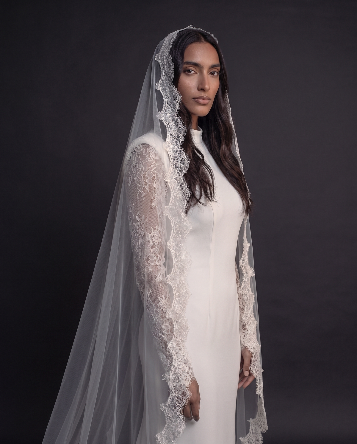 The Camila veil — side view with a long-sleeve dress