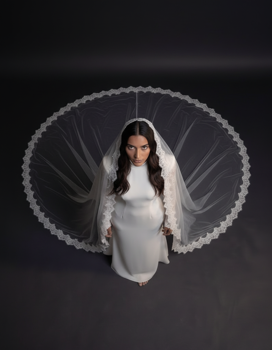 The Camila veil — bride seated with the veil spread in a circle