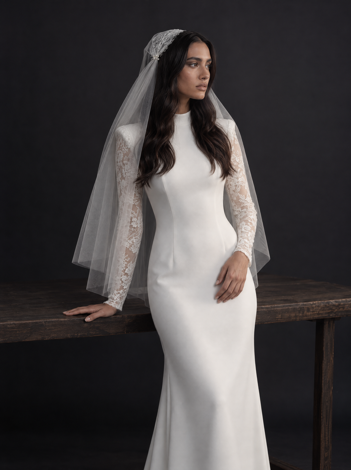 The Juliet veil — front view with a long-sleeve dress