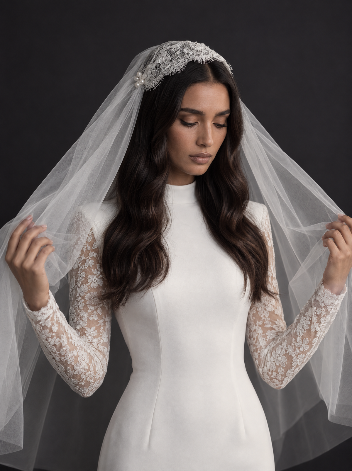 The Juliet veil — close-up of the eyelash lace cap