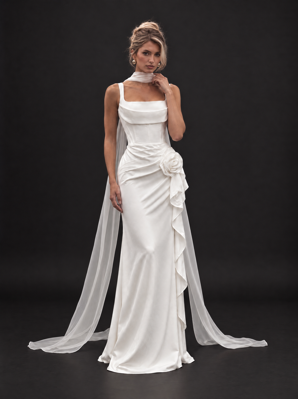 The Elowen veil — front view, chiffon scarf veil worn around the neck