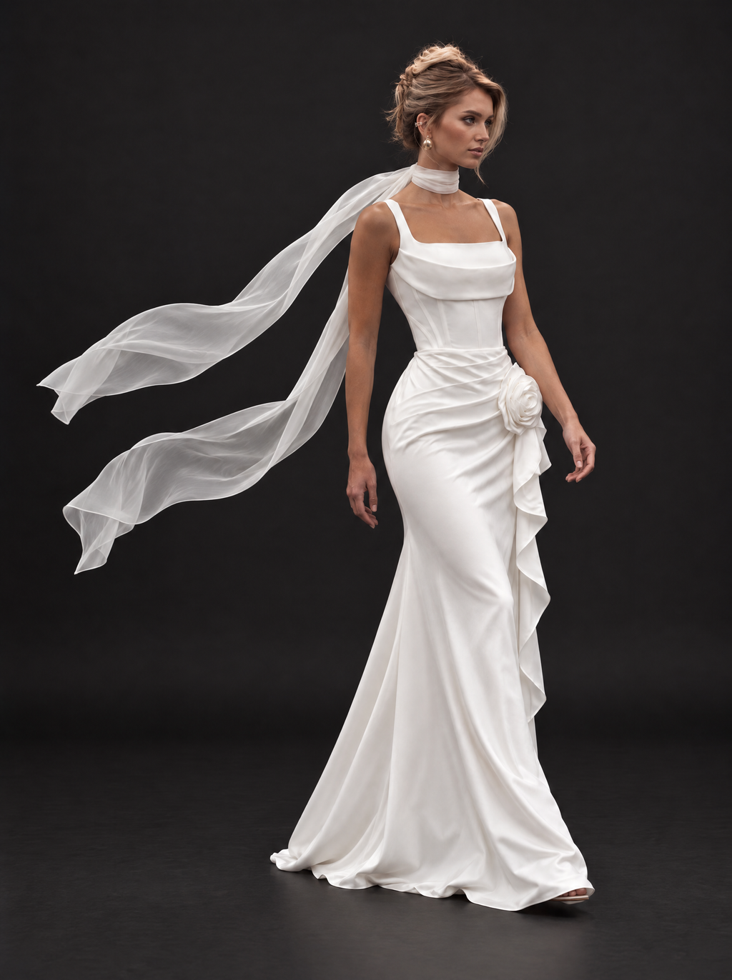 The Elowen veil — chiffon tails lifted by the wind