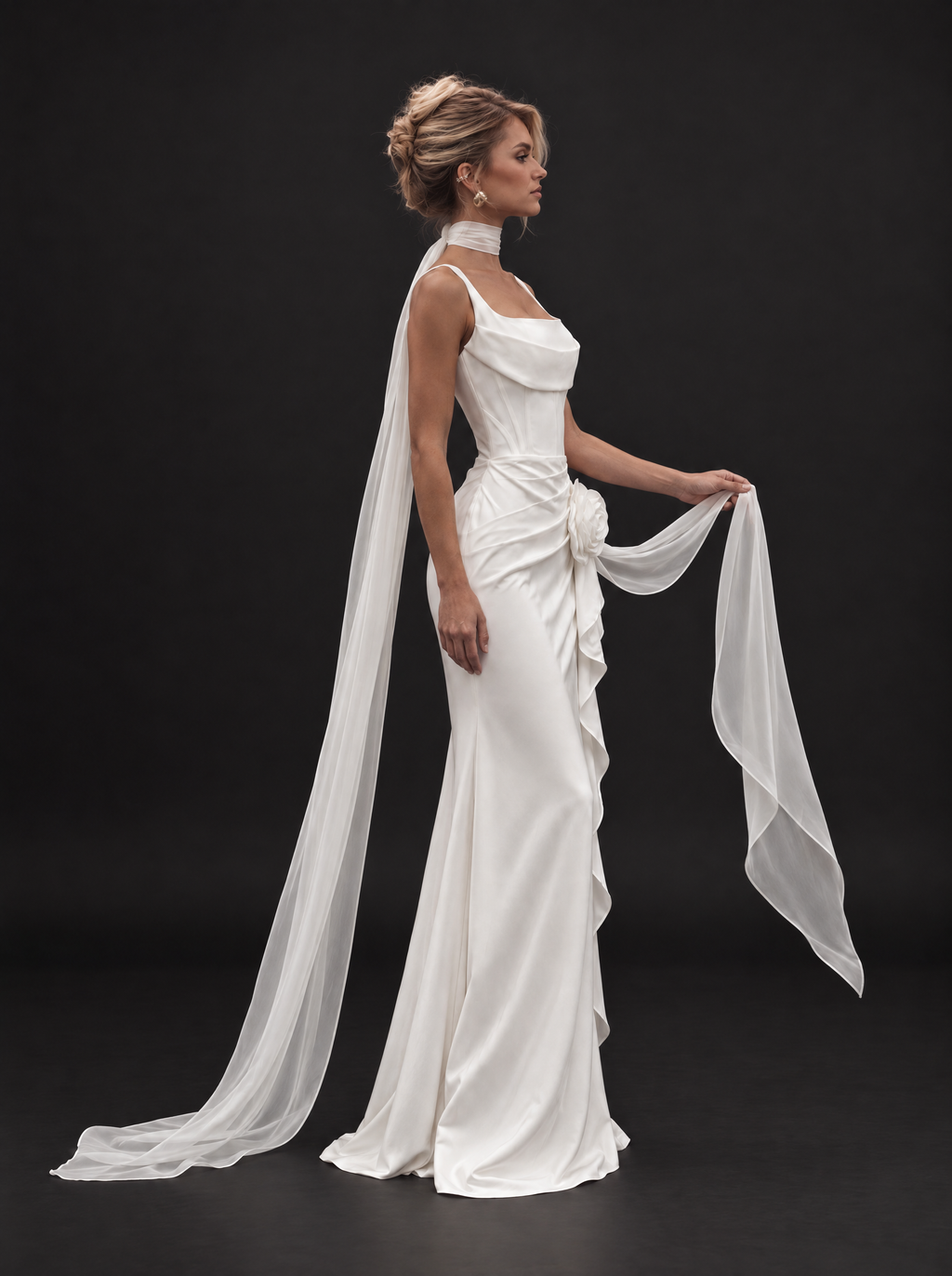 The Elowen veil — side view with the chiffon tails flowing
