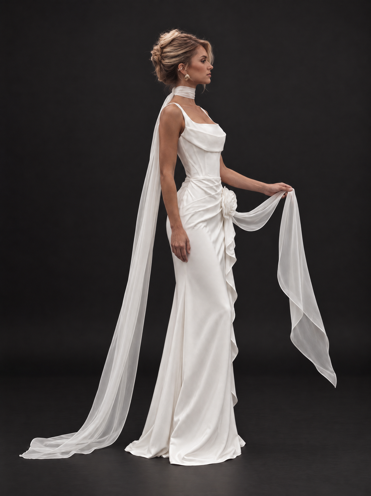 The Elowen veil — side view with the chiffon tails flowing