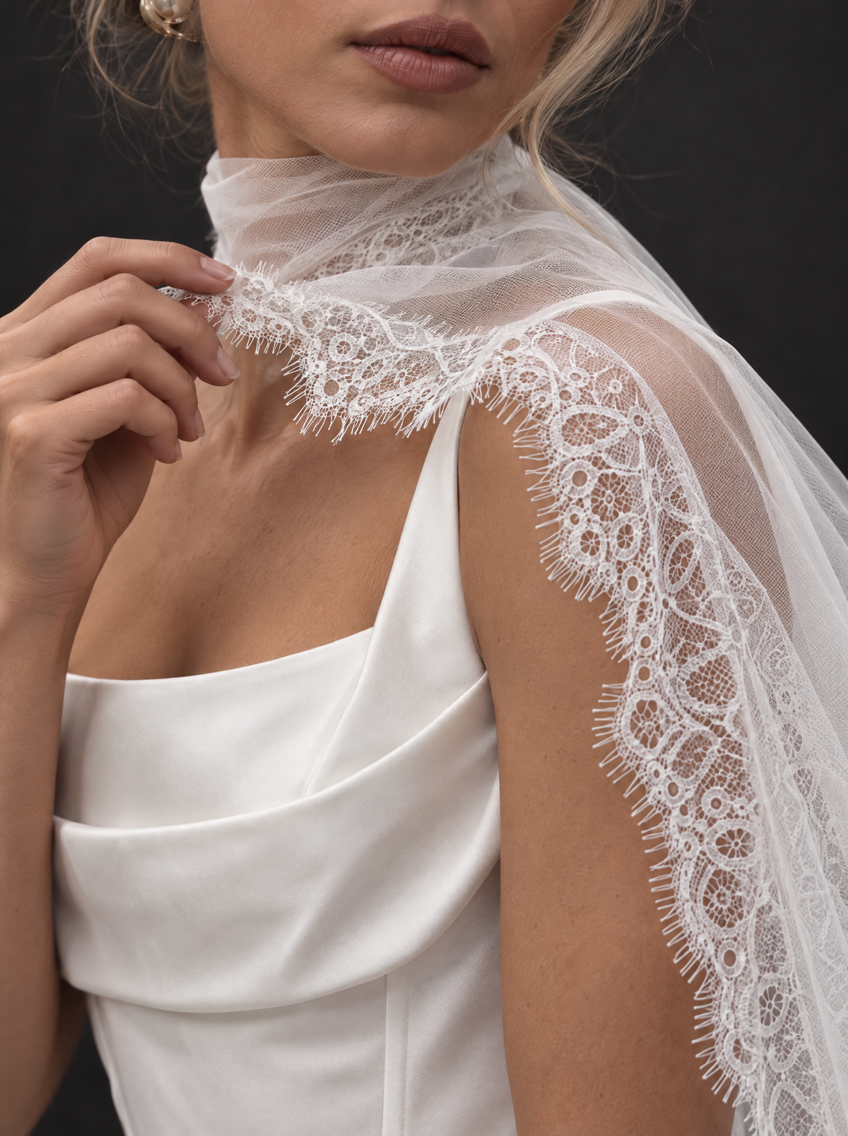 The Marisol veil — close-up of the eyelash lace on the neck scarf