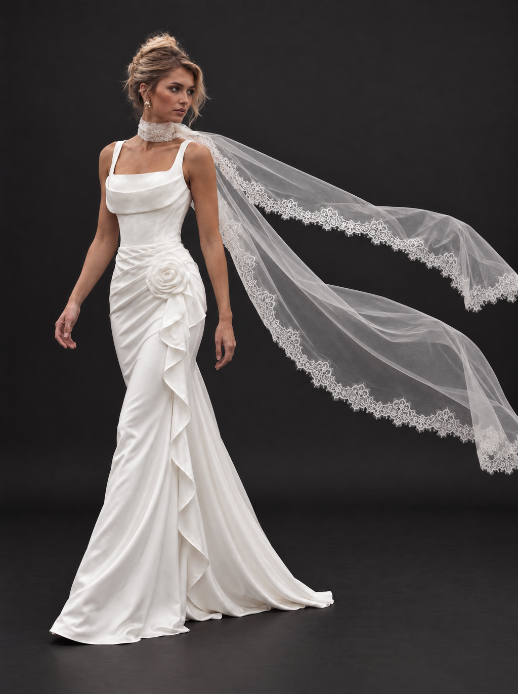 The Marisol veil — side view with the tulle tails flowing