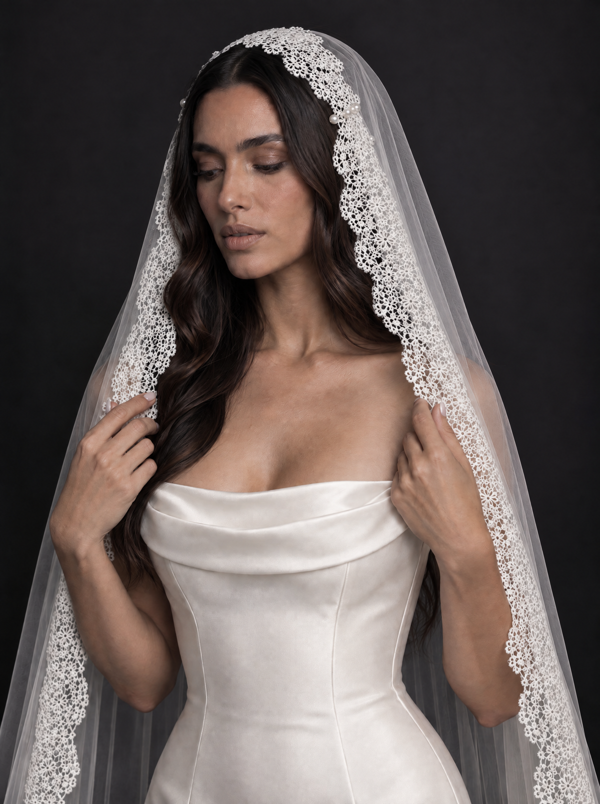 The Seraphina veil — close-up of the daisy guipure lace around the face