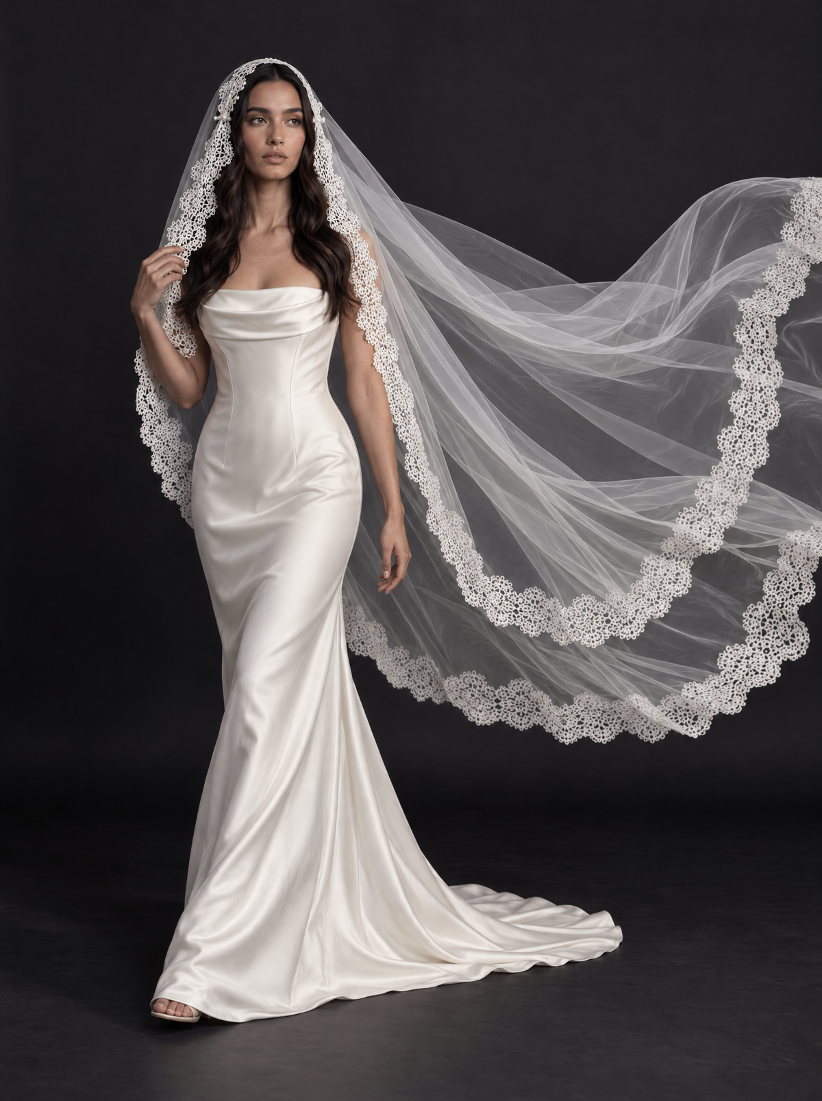The Seraphina veil — bride holding the veil out to the side