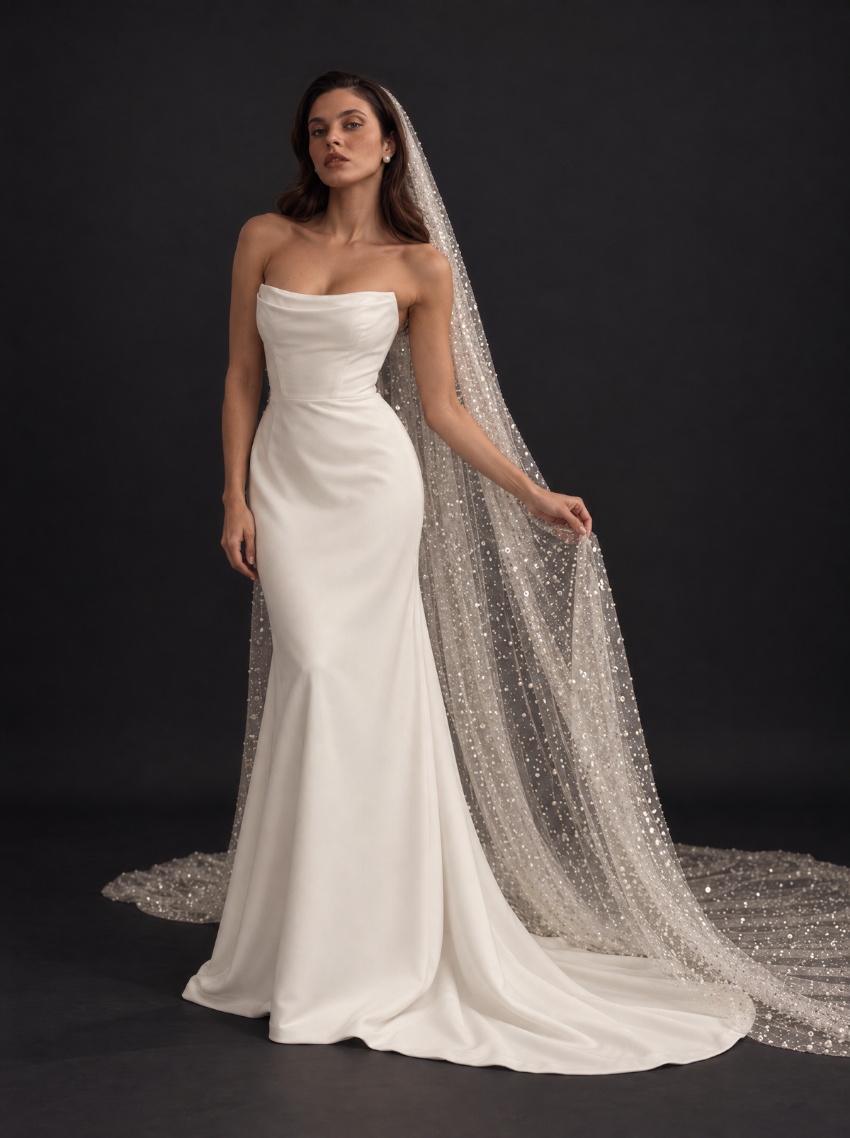 The Odette veil — front view with the sparkling veil spread on the floor