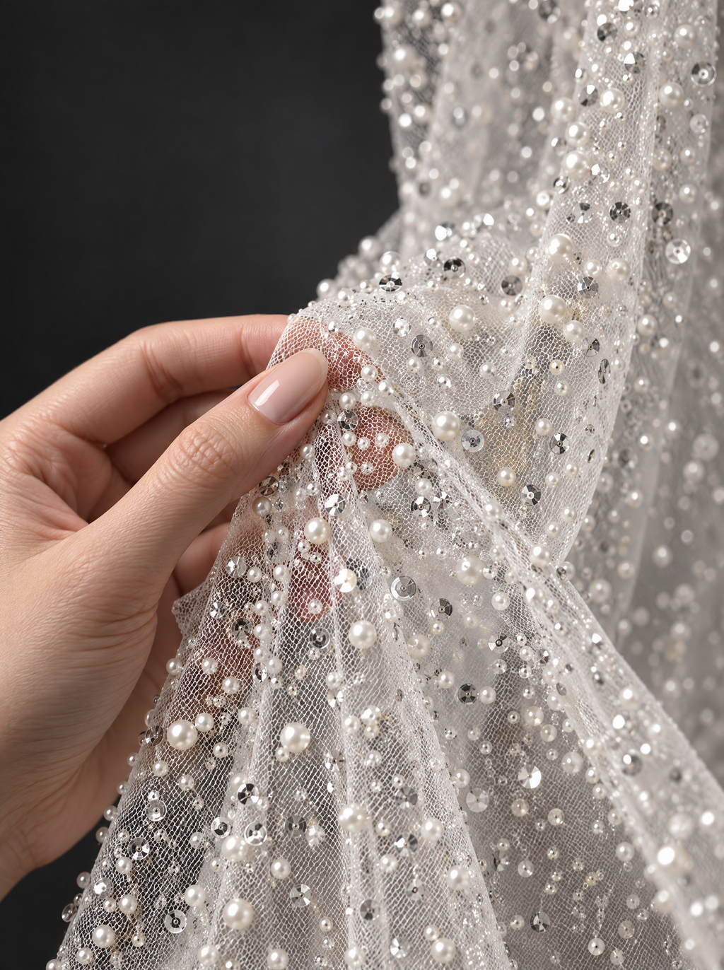 The Odette veil — detail of the pearls and sequins on the tulle
