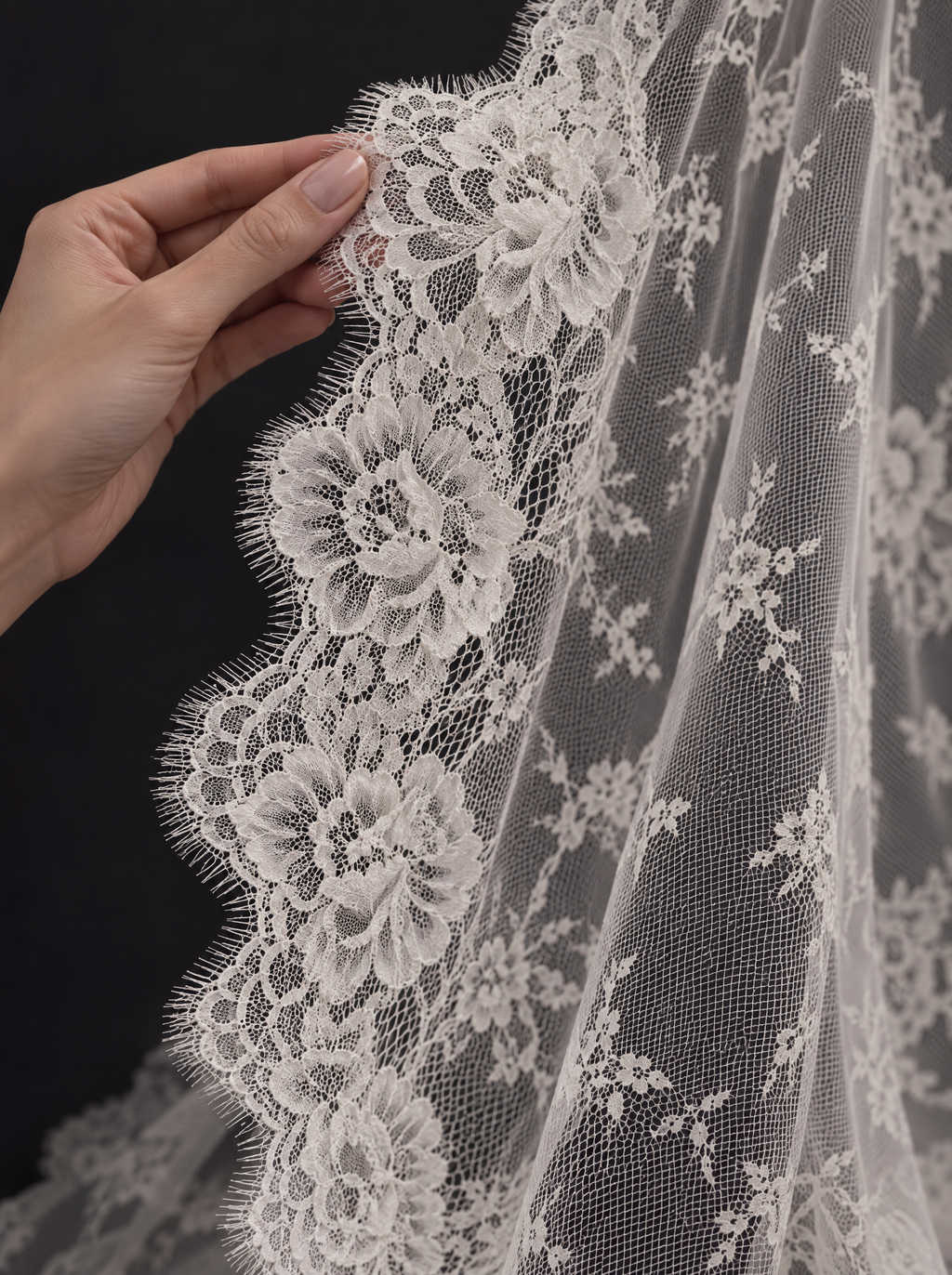 The Ysabel veil — detail of the floral lace border