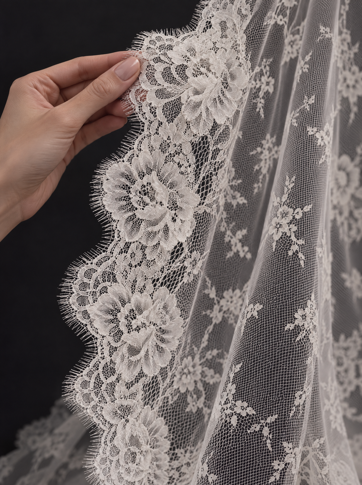 The Ysabel veil — detail of the floral lace border