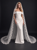 The Noor veil — front view with an off-the-shoulder dress