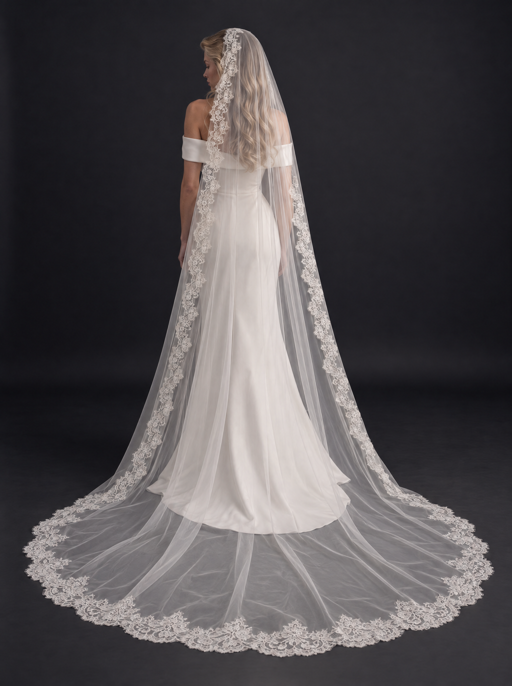 The Noor veil — back view of the Chantilly lace train