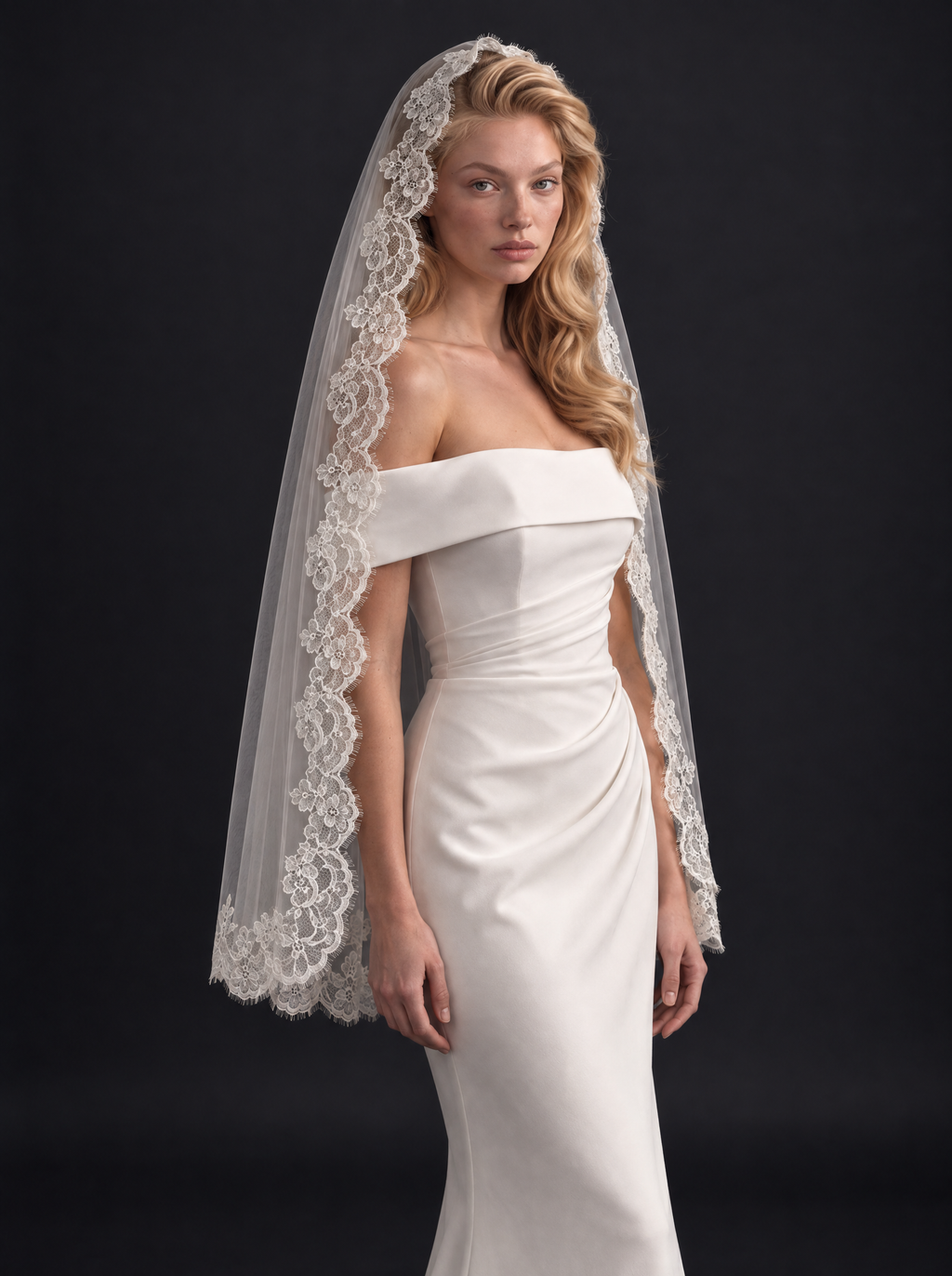 The Noor veil — close-up of the lace framing the face