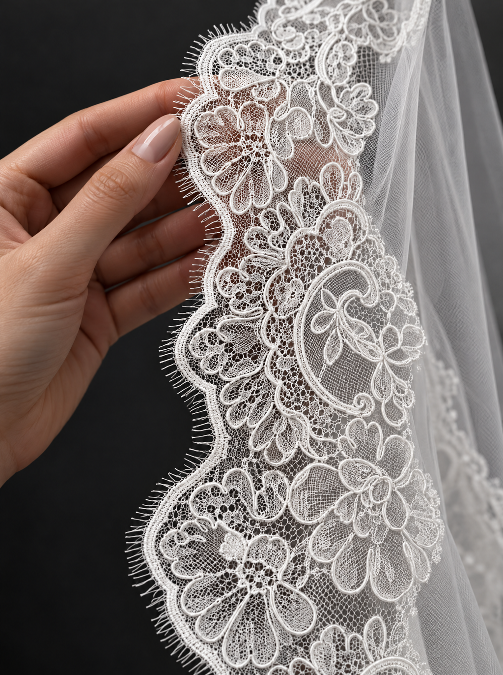 The Noor veil — detail of the Chantilly eyelash lace