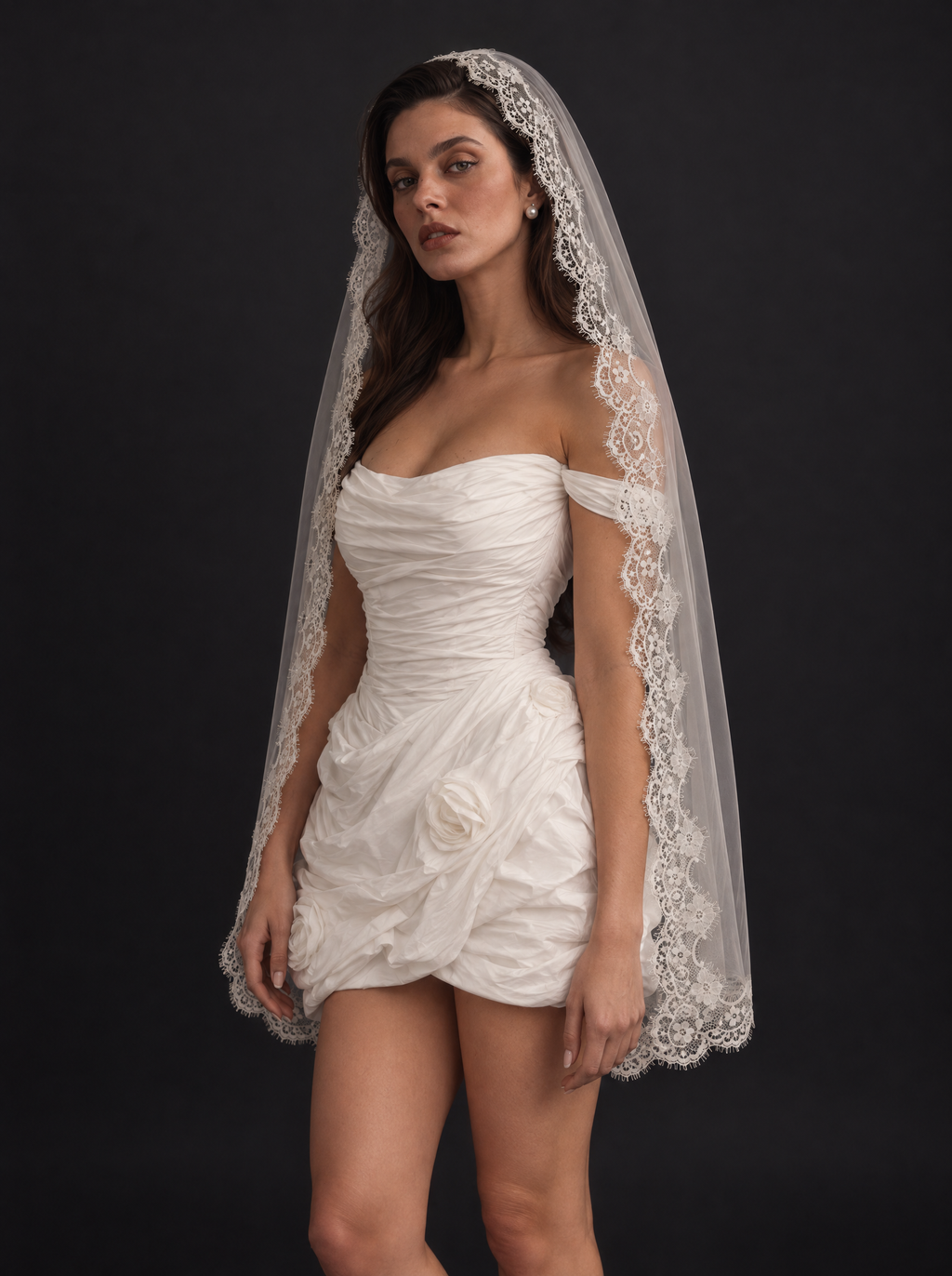 The Camille veil — front view with a short dress