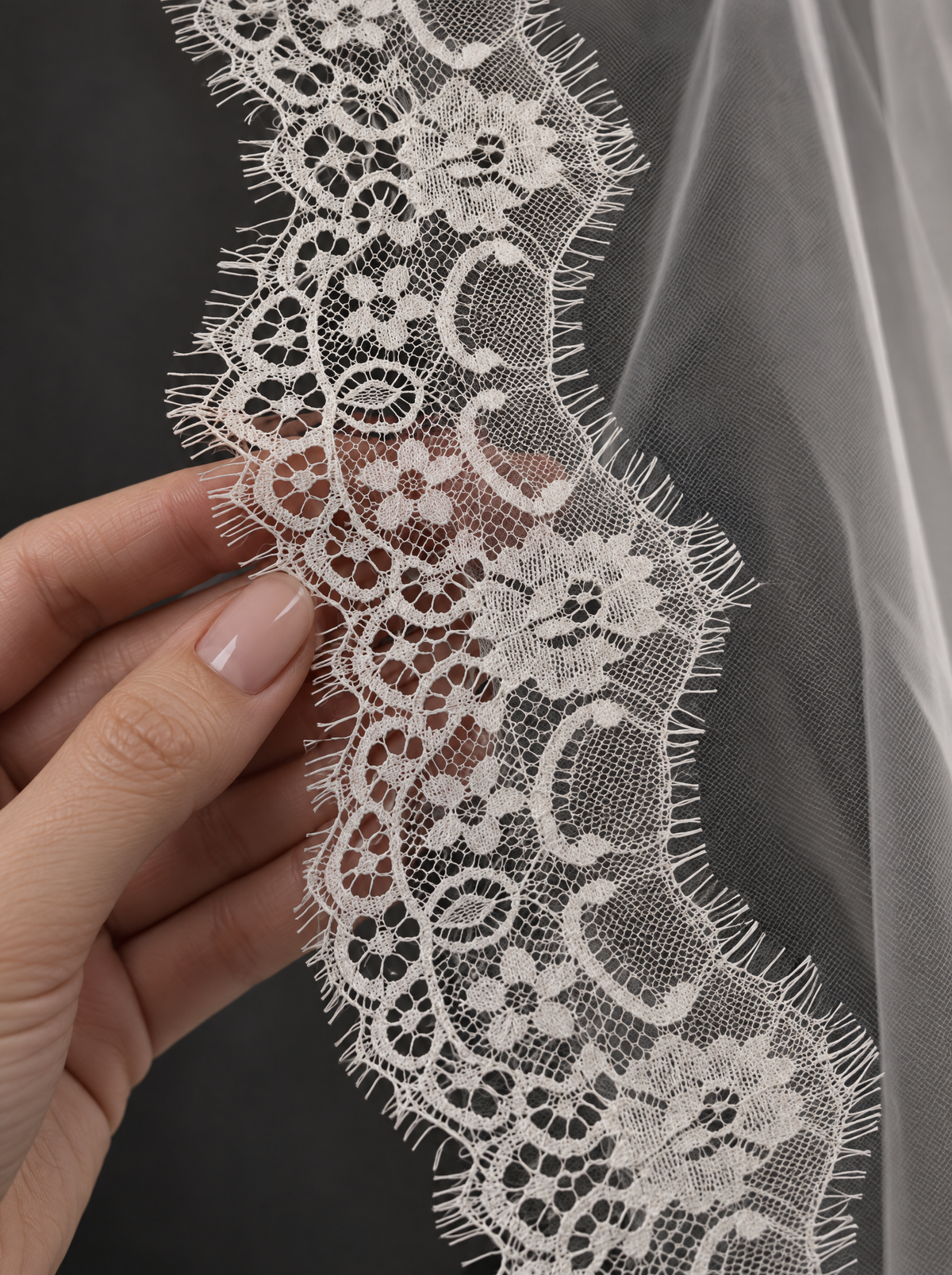The Camille veil — detail of the eyelash lace trim