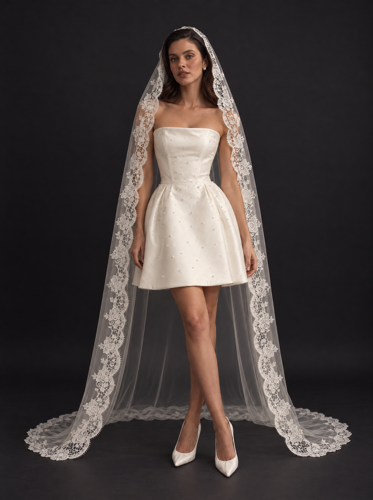 The Liora veil — front view with a short dress