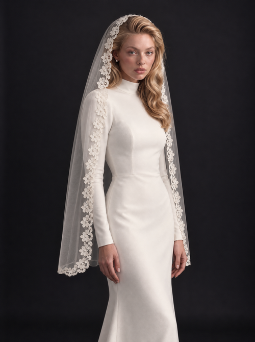 The Adalyn veil — close-up with a long-sleeve dress