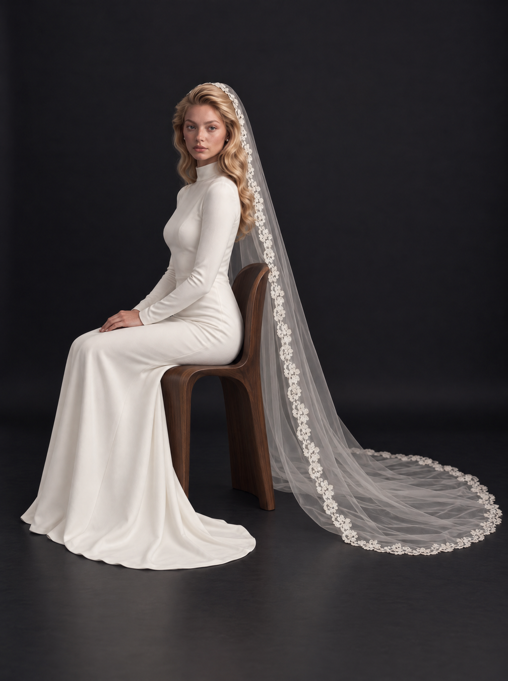 The Adalyn veil — bride seated with the veil on the floor