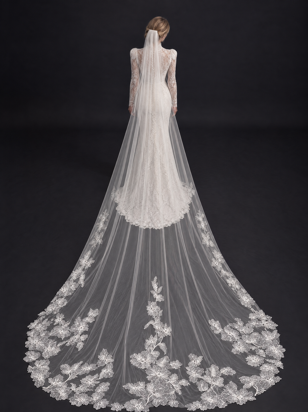 The Marguerite veil — back view of the cathedral train with floral appliqués